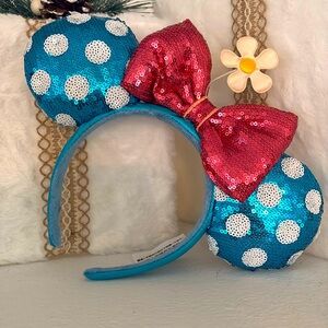 Disney Blue and White Polka Dot with Pink Bow and Flower Minnie Ears